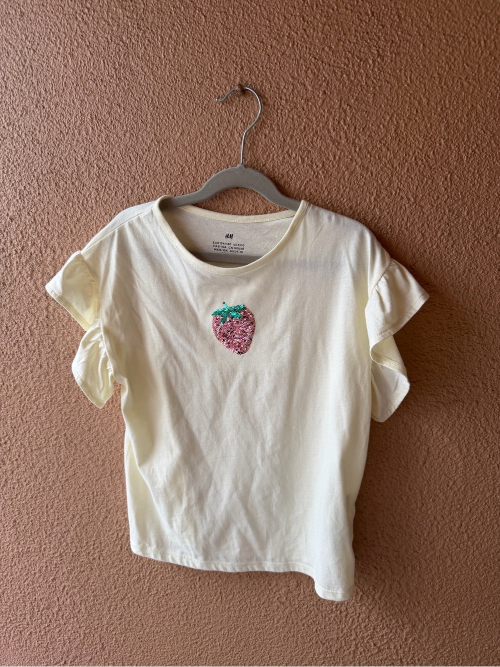H&M Cream Short Sleeve Tee with Pink Sequin Strawberry
